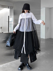 Fashion Roomy Contrast Color Mesh Split-Joint Lapel Midi Dresses