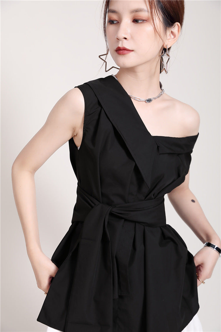 Women Lace Up Big Bow Irregular Slanted Shoulder Shirt
