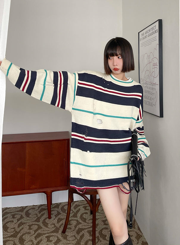 Ripped Casual Striped Knitted Sweater