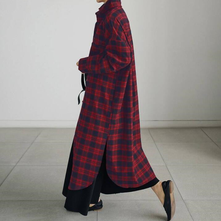 Classic Plaid Lapel Collar Maxi Shirt Dress