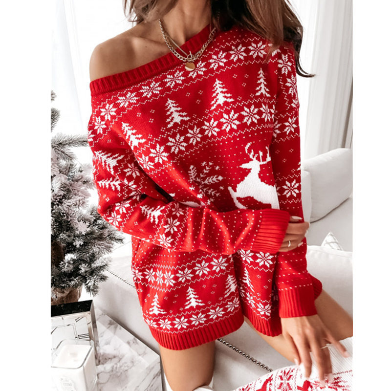 Christmas Jacquard Loose Knitted Long Sleeve Mini Dress