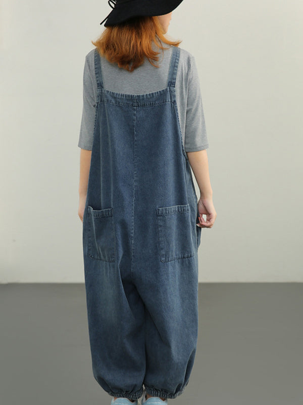 Retro Loose Solid Color Jumpsuit With Pockets
