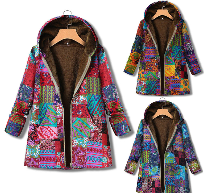 Retro Thicken Ethnic Printed Zipper Outwear