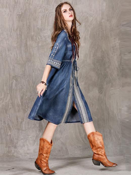 Vintage Oversize Embroidery Denim Dress