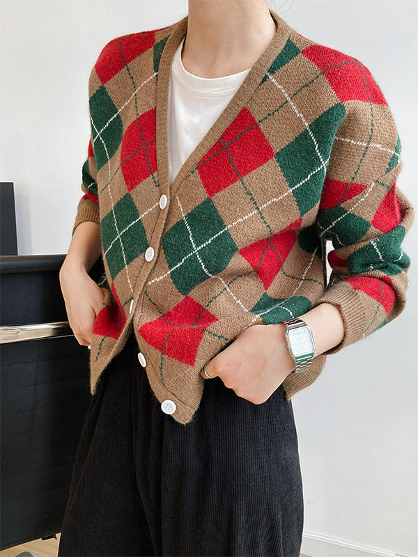 Retro Plaid Print V-Collar Casual Sweater