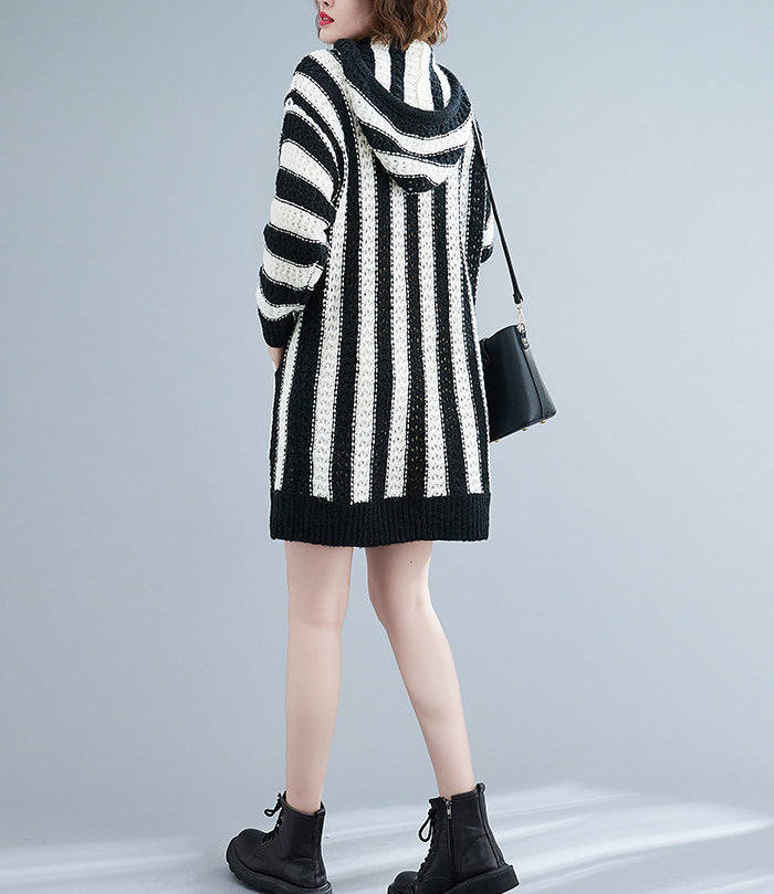 Loose Striped Hooded Knitted Mini Dress