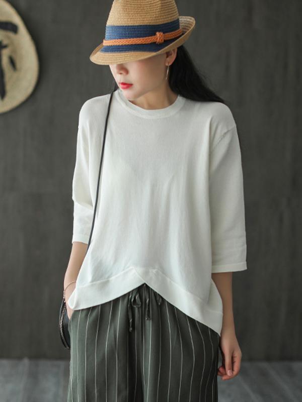 Solid Color Loose Round Neck Cropped T-Shirt