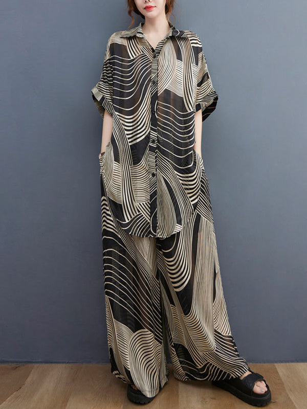 Loose Striped Printed Wide-Leg Suit