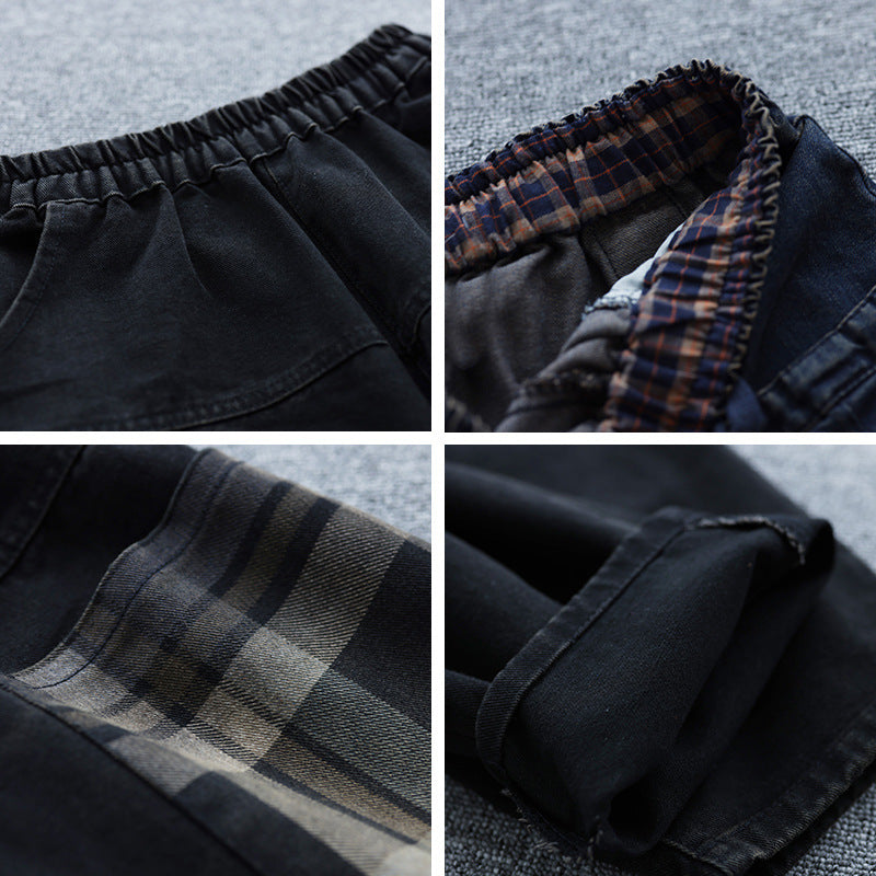 Retro Loose Stitching Pocket Plaid Jeans