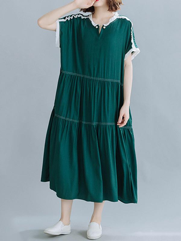 Loose Split-Joint Pleated Midi Dress