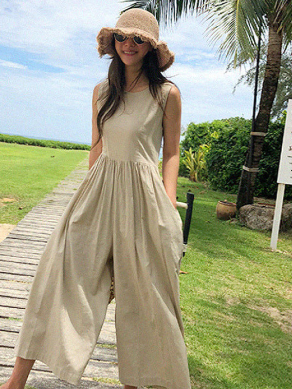 Solid Color Loose Slimming Casual Sleeveless Jumpsuit