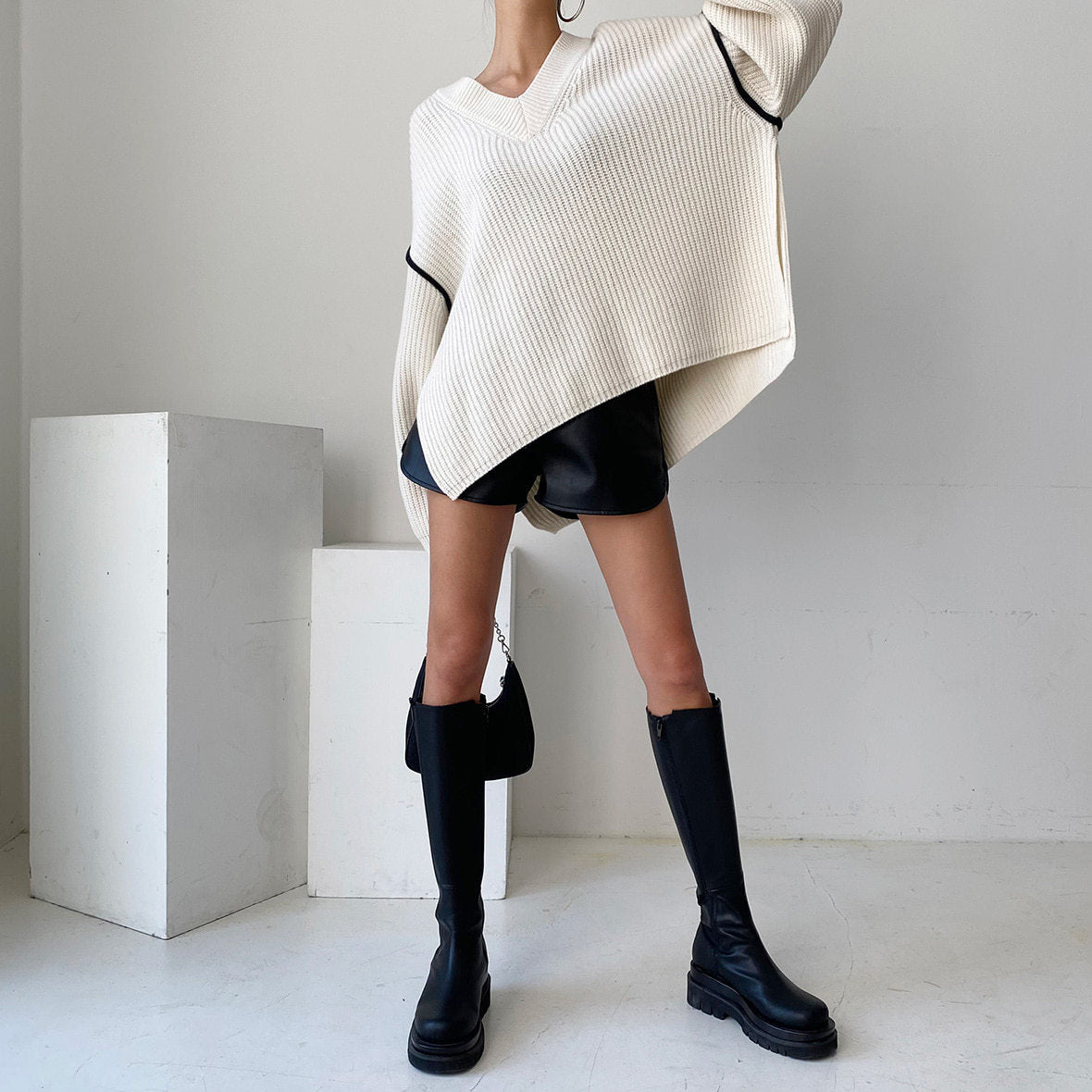 Spliced Side Slit Knit Sweater