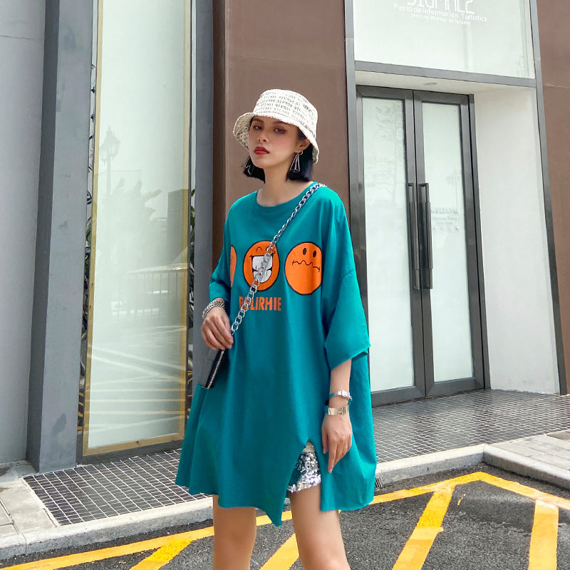 Women Loose Slimming Smiley Face Print Short Sleeve T-Shirt