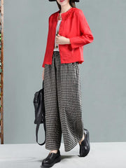 Leisure Ramie Cotton Plaid Wide-leg Pants