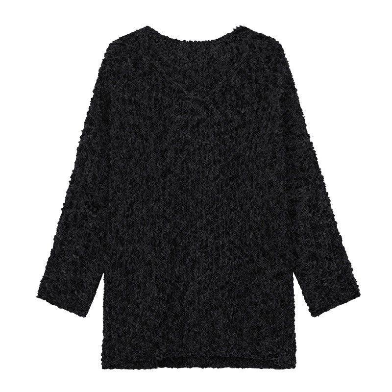 Loose V-Neck Long Sleeve Solid Color Knitted Sweater