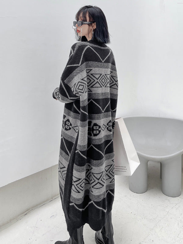 Urban Roomy Knitting Asymmetric Jacquard Cardigan Coat