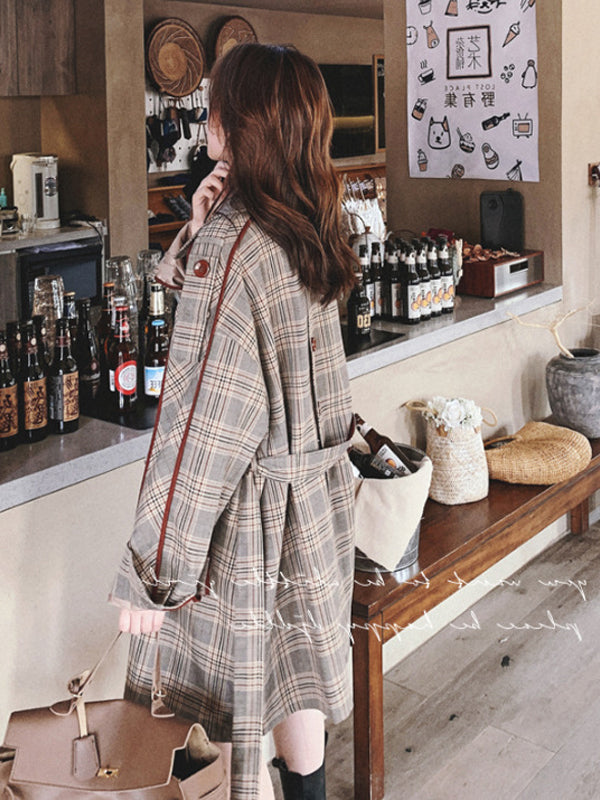 Women Retro Plaid Loose Coat