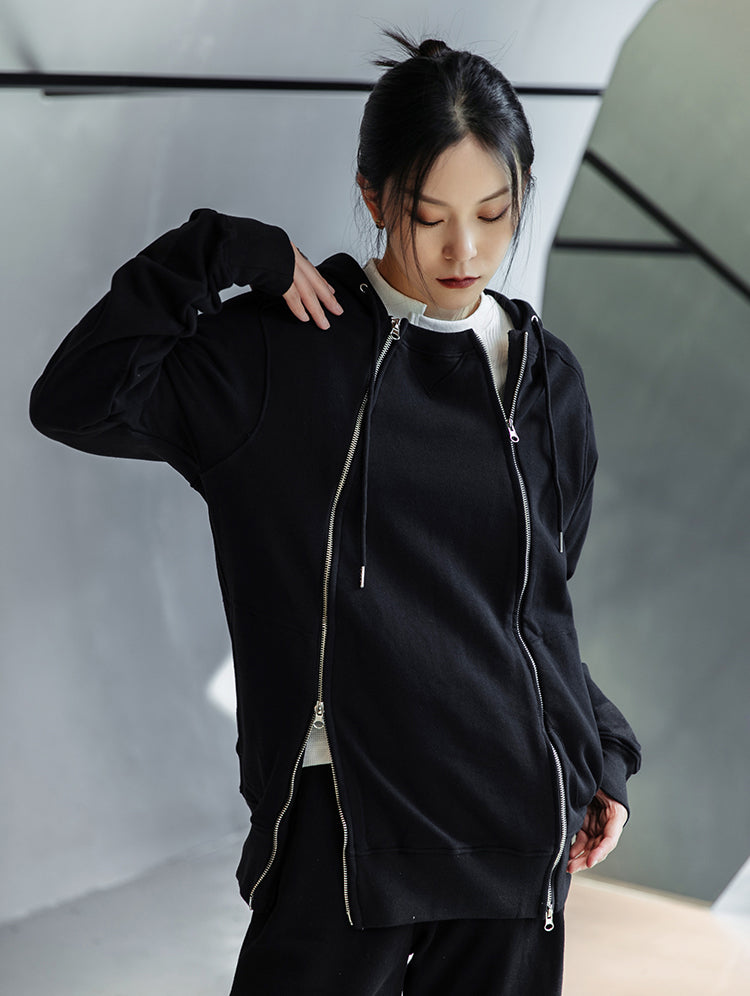Double Zipper Design Casual Hooded Sweatshirt