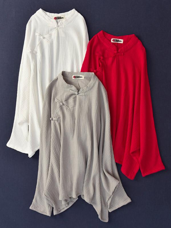 Vintage Solid Color Loose Button Bat Sleeve T-Shirt