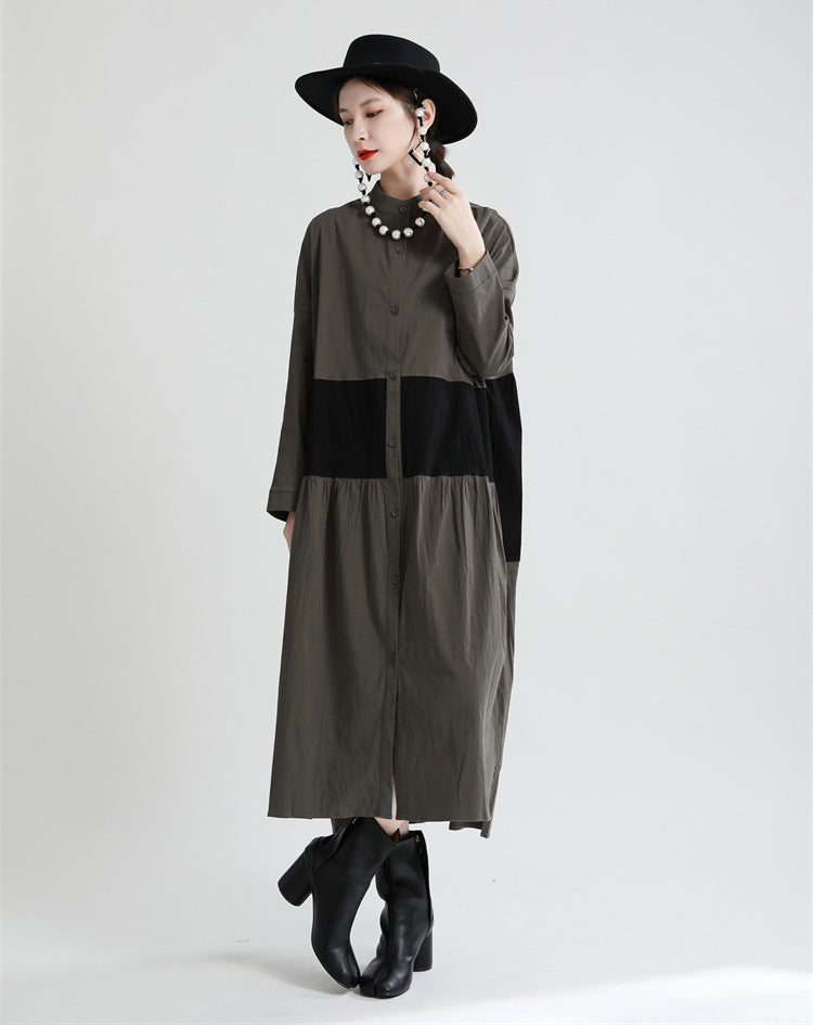 Stitching Contrast Color Loose Big Swing Long Sleeve Dress