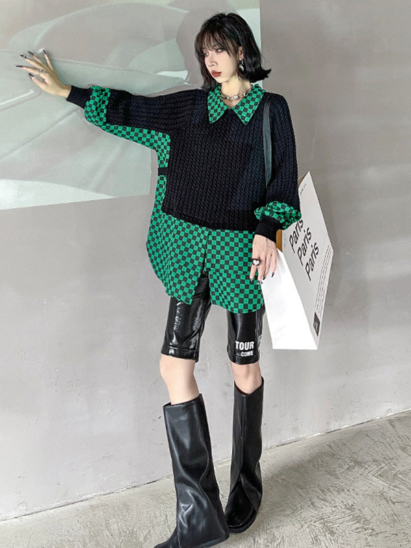 Stylish Roomy Plaid Split-Joint False Two Pullover