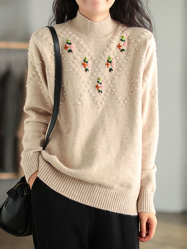 Vintage Half Turtleneck Embroidered Knit Sweater