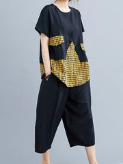 Women Casual Plaid Irregular Stitching Short Sleeve T-Shirt Pants Suit