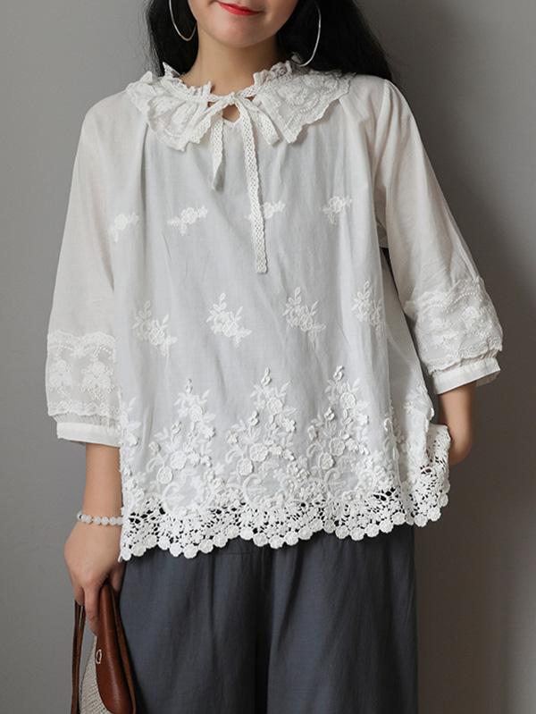 Vintage Embroidered Lace Collar T-Shirt