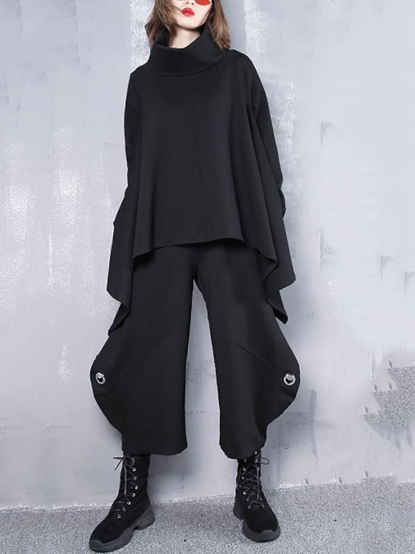 Black Roomy Hollow High-Waist Casual Pants