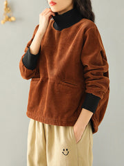 Women High Collar Casual Plus Velvet Solid Color Sweatshirt