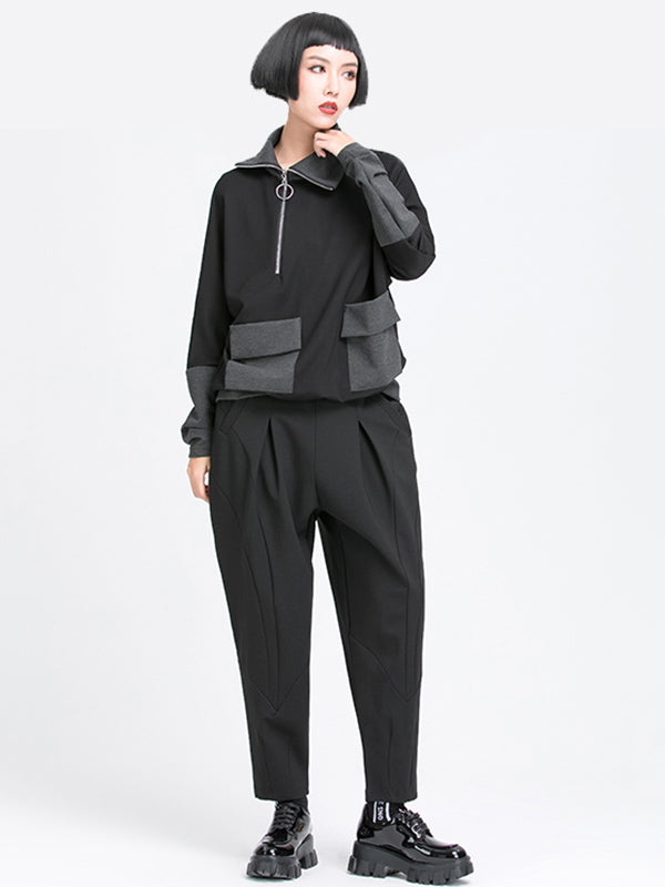 Minimalist Casual Split-Joint Pleats Black Harem Pants