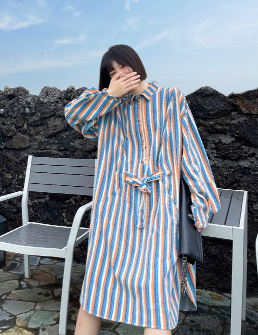 Loose Striped Belted Irregular Shirt Dress