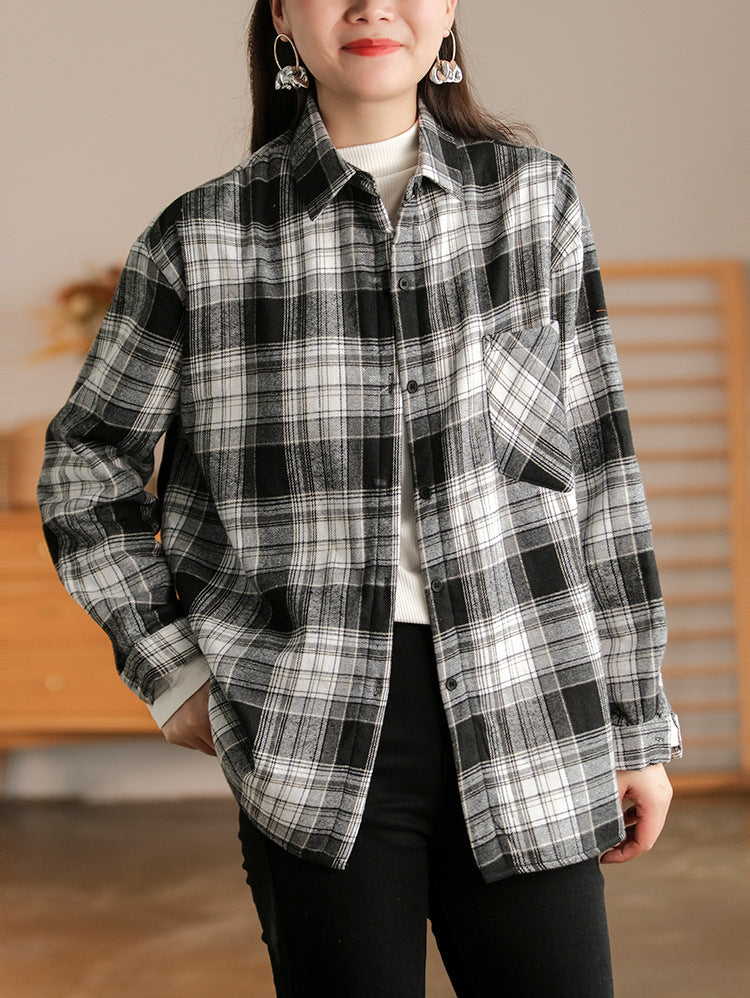 Retro Plaid Thicken Lapel Collar Shirt