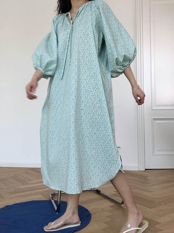 Loose Puff Sleeve Floral Midi Dress