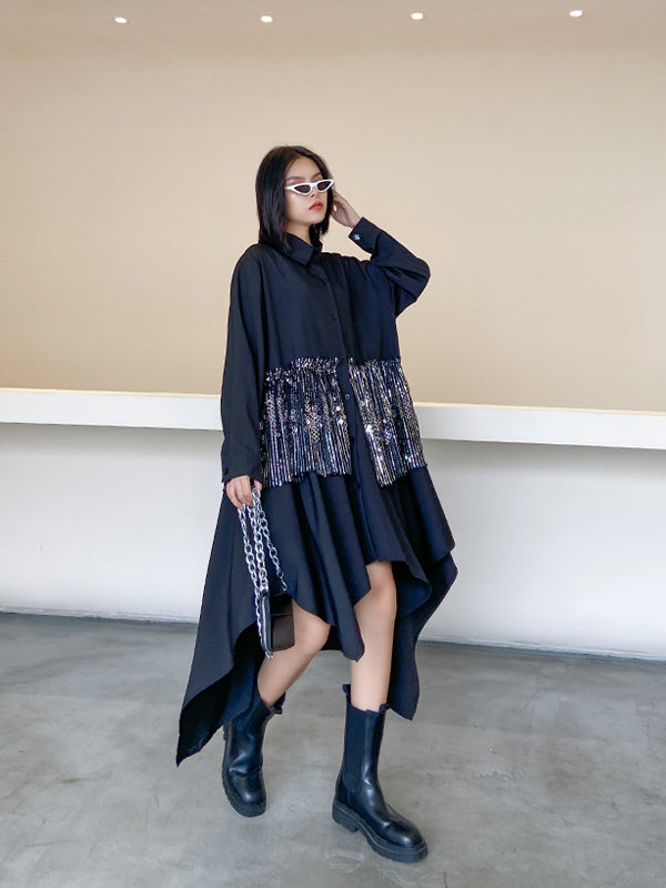 Women Lapel Color Blocking Irregular Shirt Dress