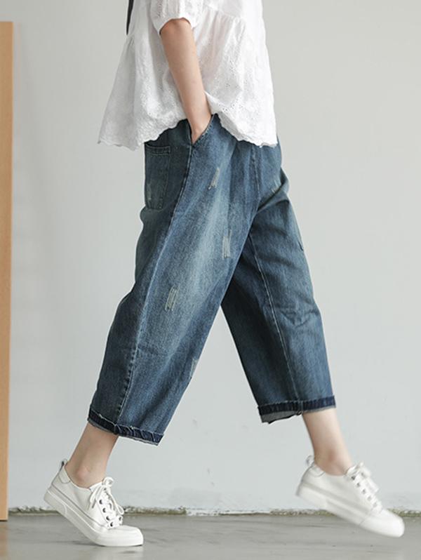 Loose Retro Patches Drawstring Ninth Harem Pants