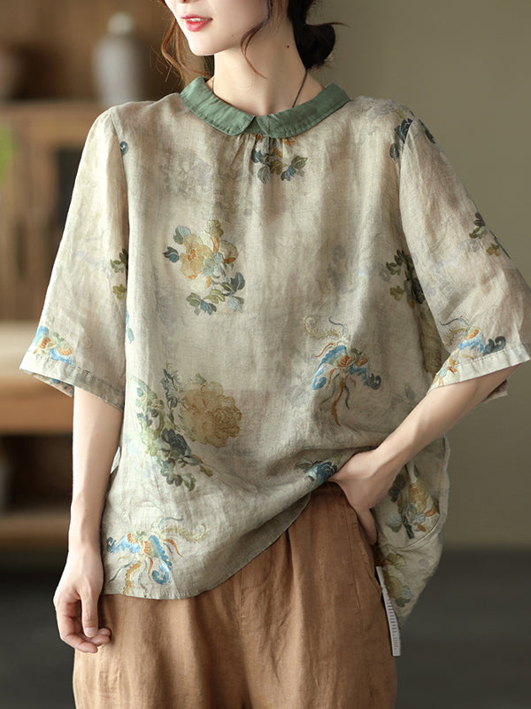 Summer Retro Printed Lapel Blouse