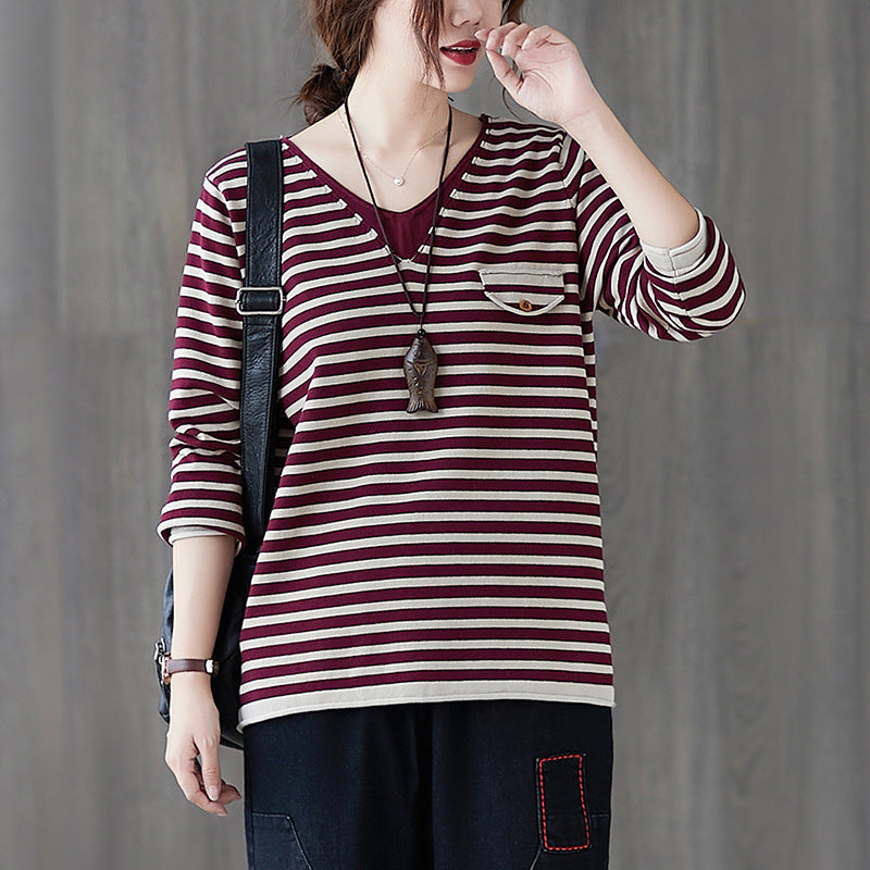 Women V-Neck Casual Striped Knitted Sweater