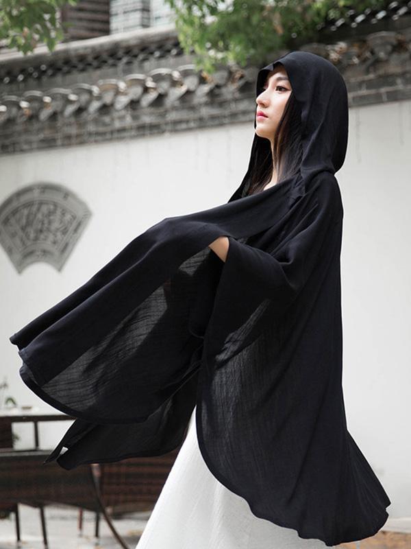 Simple Solid Loose Batwing Sleeve Hood Cape