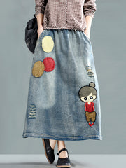 Embroidered Retro A-Line Denim Skirt