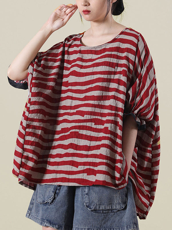 Casual Loose Color Matching Striped Bat Sleeve T-Shirt