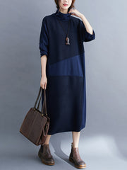 High-Neck Solid Casual Midi Dress