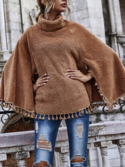 Women Solid Color High Neck Fringed Long Sleeve Coat