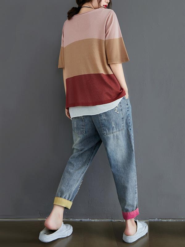 Loose False-Two Light Knitting Striped T-Shirts