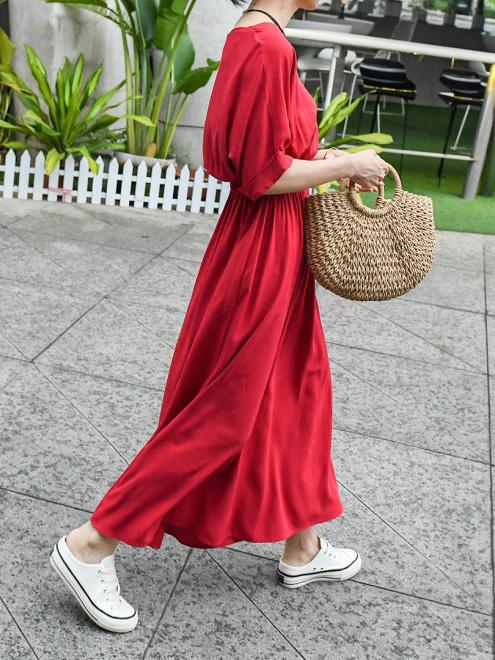 Loose Solid V-neck Short Sleeves Dress