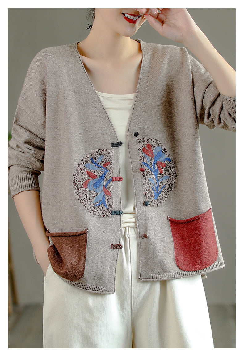 Vintage Printed Plate Button Sweater Coat