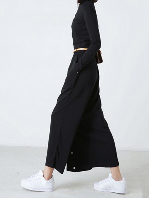 Black Personality Designed Cropped Wide-Leg Pants