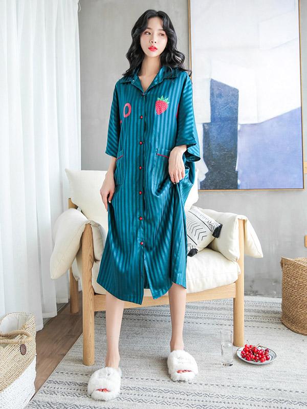 Strawberry Print Striped Ice Silk Loose Pajamas