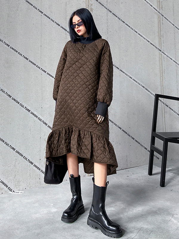 Casual Ruffled Solid Color Plaid Midi Dress