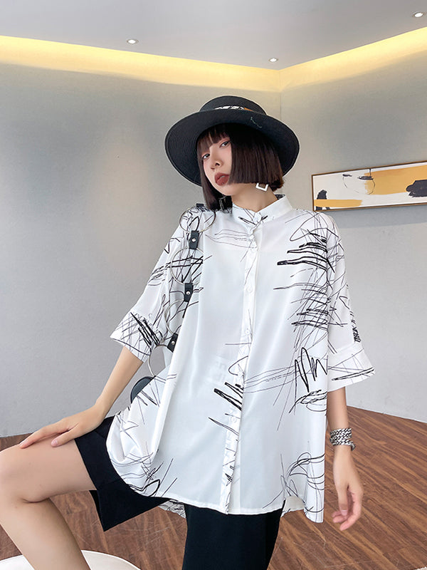 Loose Abstract Printed Irregular Stand-Collar Blouse